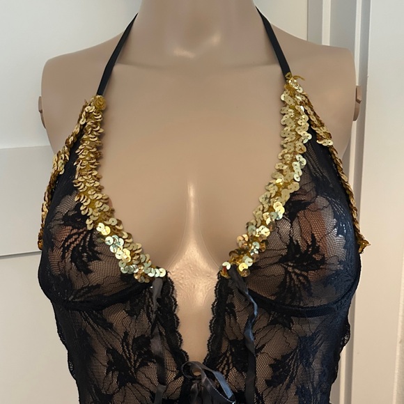Frederick's of Hollywood Black and Gold Sequin Teddy - Picture 3 of 11